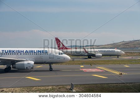 Istanbul, Turkey - 25 May 2019:  Turkish Airlines Planes Queue For Takeoff At New Istanbul Airport K
