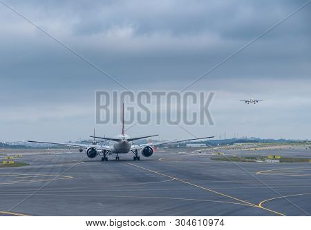 Istanbul, Turkey - 3 May 2019:  Turkish Airlines Planes Queue For Takeoff At New Istanbul Airport Kn