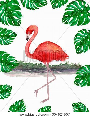 Flamingo On The White Background. Tropical Leaves. Watercolor Hand Painted Illustration.