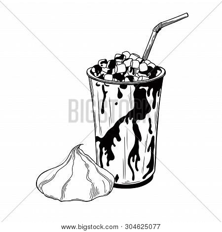 Hot Chocolate Or Cocoa Drink In A Cup And Zefir. Dessert Isolated On White Background. Vector