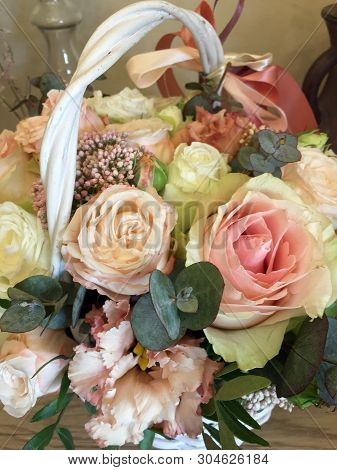 Spring Bouquet Of Mixed Colorful Flowers. Flowers Bouquet Including Ozothamnus, Lisianthus, Pink Ros
