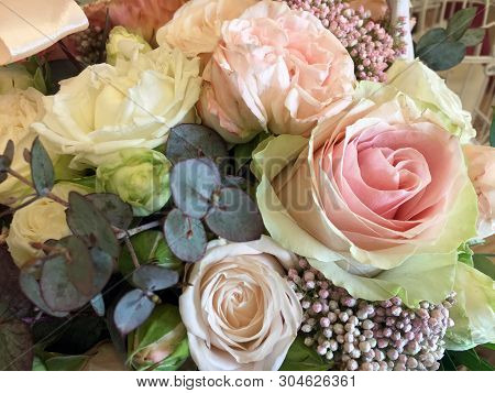 Spring Bouquet Of Mixed Colorful Flowers. Flowers Bouquet Including Ozothamnus, Lisianthus, Pink Ros