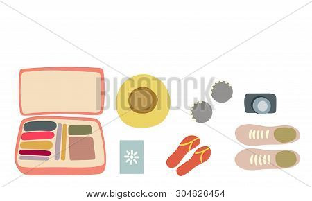 Vector Illustration Top View Luggage. Flat Lay Concept. Open Packed Suitcase. Advertising, Poster, B