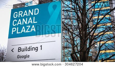 Dublin, Ireland - February 12, 2019: Grand Canal Plaza Building 1 Google Sign In Front Of The Irish 
