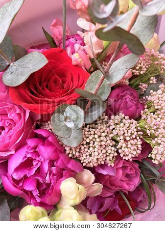 Spring Bouquet Of Mixed Colorful Flowers. Flowers Bouquet Including Ozothamnus, Lisianthus, Pink Ros