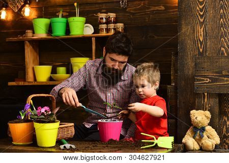 Father And Son. Fathers Day. Flower Care Watering. Soil Fertilizers. Happy Gardeners With Spring Flo