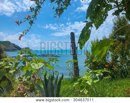 Bright Seascape In Durres Albania With Nature Garden And Turquoise Water Of Adriatic Sea.