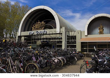 Gouda, Holland, Netherlands, April 23, 2019 Entrance Of The Railway Station Of The City Of Gouda And