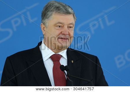 Boryspil, Ukraine - March 23, 2018: President Of Ukraine Petro Poroshenko Makes A Speech During Ryan