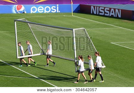 Kyiv, Ukraine - May 23, 2018: Vfl Wolfsburg Players Move The Gates During Training Session Before Ue