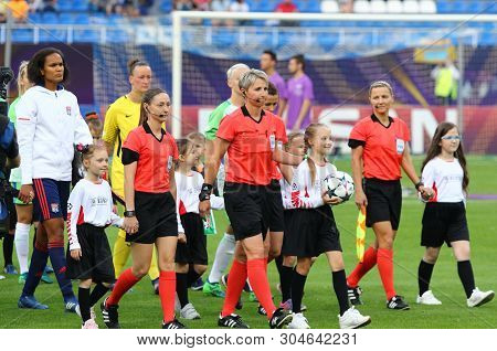 Kyiv, Ukraine - May 24, 2018: Referees And Players Go To The Pitch Of Valeriy Lobanovskiy Stadium In