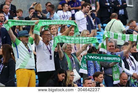 Kyiv, Ukraine - May 24, 2018: Vfl Wolfsburg Supporters Show Their Support During The Uefa Womens Cha
