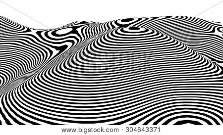 Optical Illusion Wave. Abstract 3D Black And White Illusions. Horizontal Lines Stripes Pattern Or Ba