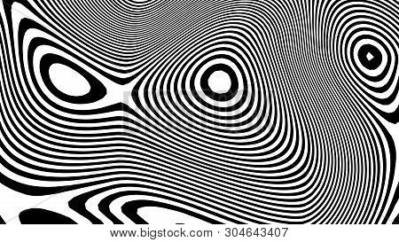 Optical Illusion Wave. Abstract 3D Black And White Illusions. Horizontal Lines Stripes Pattern Or Ba