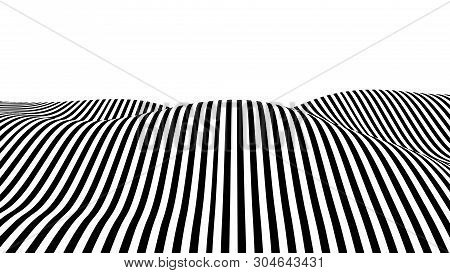 Optical Illusion Wave. Abstract 3D Black And White Illusions. Horizontal Lines Stripes Pattern Or Ba