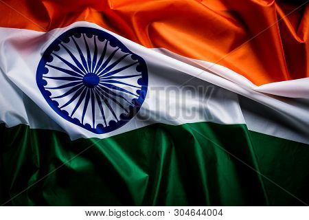Top View Of National Flag Of India On Wooden Background. Indian Independence Day.
