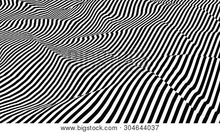 Optical Illusion Wave. Abstract 3D Black And White Illusions. Horizontal Lines Stripes Pattern Or Ba