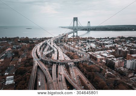 Aerial View Of The Verrazzano-narrows Bridge In Brooklyn And Staten Island.