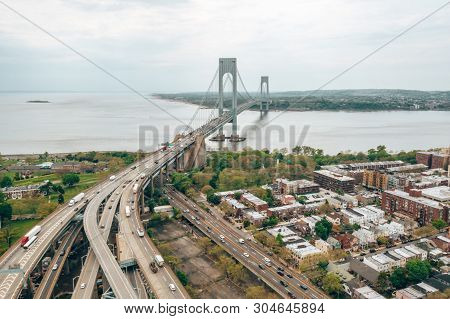 Aerial View Of The Verrazzano-narrows Bridge In Brooklyn And Staten Island.