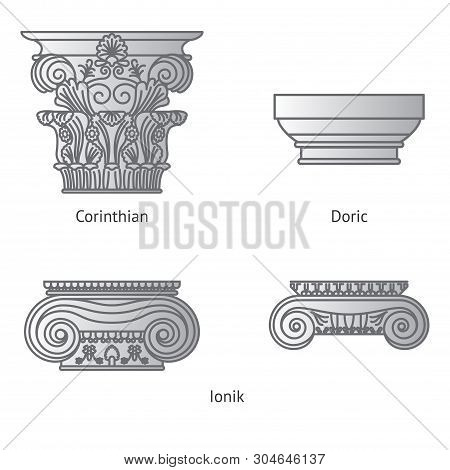 Antique Set Of Greek Historical Capitals For Calon: Ionic, Doric And Corinthian Capitals Vector Line