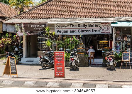 Ubud, Bali, Indonesia - February 26, 2019: Downtown Pedang Tegal, Ji. Hanoman Street, Commercial Dis