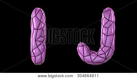 Realistic 3D letters set I, J made of low poly style. Collection symbols of low poly style pink color plastic isolated on black background 3d rendering
