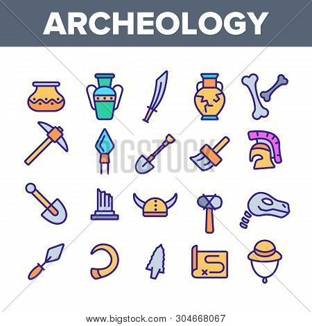 Archeological Tools And Excavations Vector Linear Icons Set. Archeology Science Outline Symbols Pack
