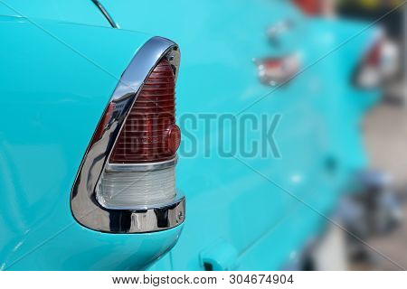 Ratzeburg, Germany - June 2, 2019: Tail Light Of A Chevrolet Automobile, Classic Chevy Bel Air From 