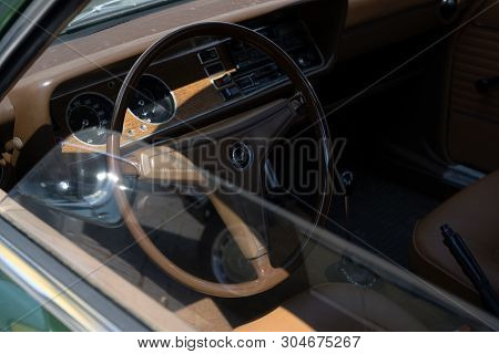 Ratzeburg, Germany - June 2, 2019: Historic Ford Capry, Interior And Dashboard Design In The Classic