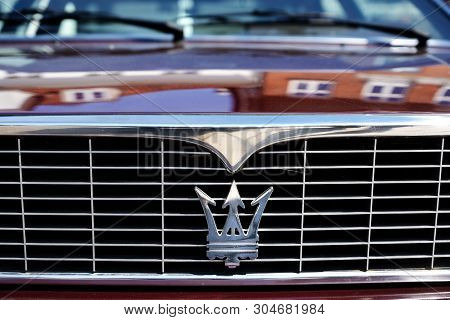 Ratzeburg, Germany - June 2, 2019: Maserati, Grille With Trident Logo Emblem On A Classic Automobile