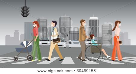 People Wearing Protective Face Masks And Walk On Crosswalk In The City With Air Pollution.vector Ill