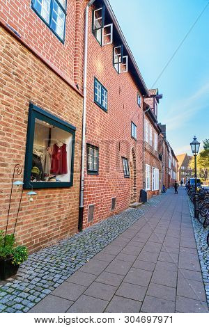 Luneburg, Germany - November 03, 2018: Pregnant House Or Das Schwangere Haus With Deformed Brick Wal
