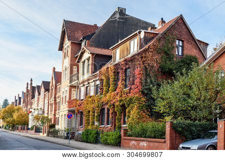 Luneburg, Germany - November 06, 2018: Street With Medieval Old Brick Buildings In Luneburg