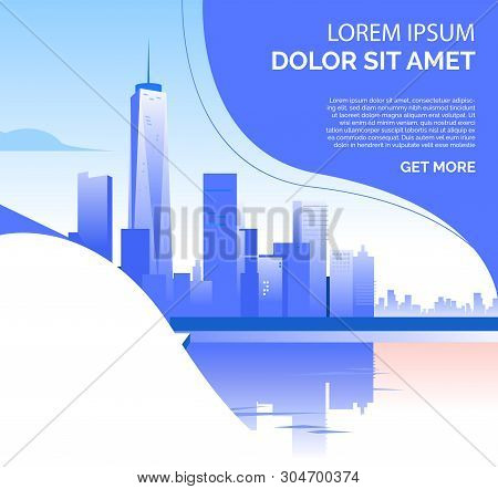 Downtown With Skyscrapers And Sample Text. Building, City, Downtown Concept. Presentation Slide Temp