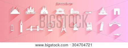 Travel Icon Set Of Europe Architecture Symbol On Pink Background With Long Shadow,  Travel Europe La