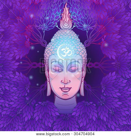 Buddhas Head With A Sacred Om Symbol Glowing On His Forehead. Placed On The Decorative Deep Purple B