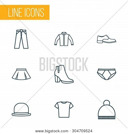 Garment Icons Line Style Set With Beanie, T-shirt, Men Footwear And Other Mini Elements. Isolated  I