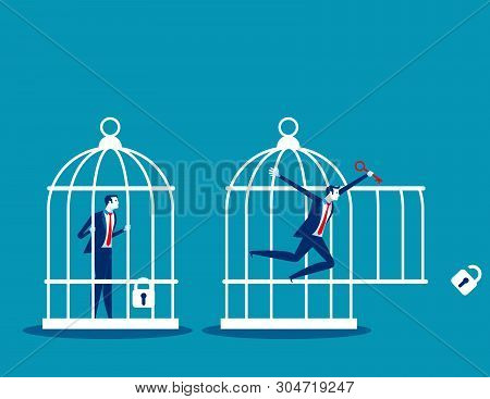 Freedom Concept. Business Team Locked And Key Free Himself From Cage. Concept Business Vector Illust