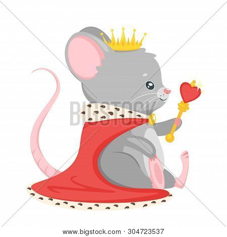 Cute Mouse King Flat Vector Illustration. Rodent Baby Animal In Crown And Royal Mantle. Adorable Rat