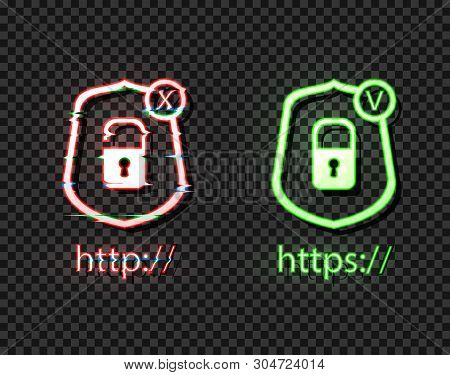 Vector Neon Icons: Http And Https Protocols With Lock, Green And Red Bright Symbols, Check And Cross