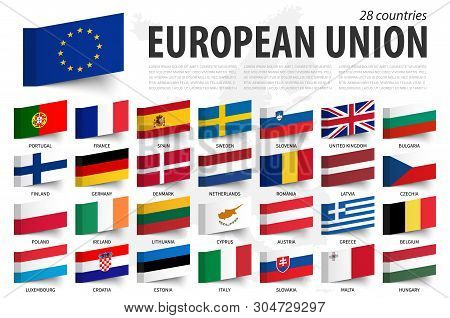 European Union Flag And Member . Sticky Note Design . Europe Map Background . Vector