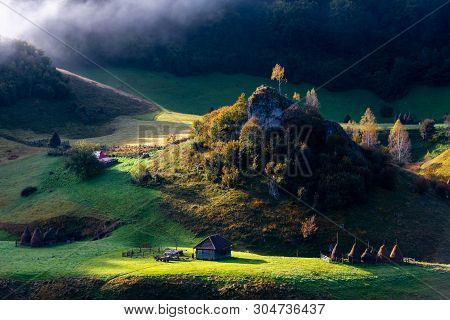 Breathtaking View Over Remote Village Covered In Mist At Golden Hour, Fundatura Ponorului, Hunedoara