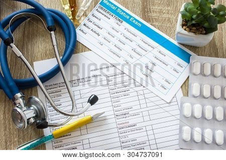 Working Table In Working Environment Of Doctor Or Counselor In Psychology Practice, Psychiatrist Top