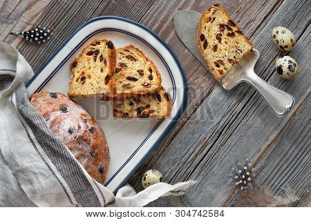 Easter Bread (osterbrot In German). Top View Of Traditional Fruity Bread On Rustic Wood  With Fresh 