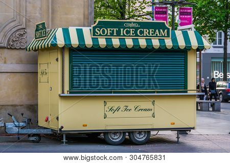 Yellow Soft Ice Cream Cart With Closed Shutter, Mobile Ice Cream Shop In The Center Of Antwerp, Antw