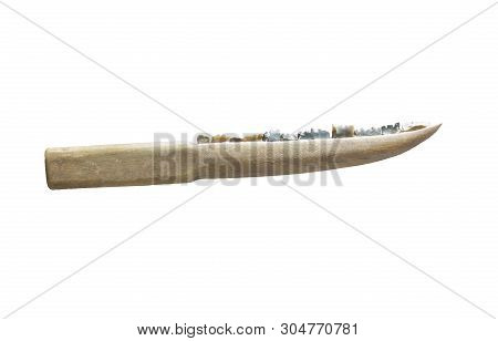 Neolithic Sickle Made With Silex Blades. Advandced Design With Polished Straight Handle. Isolated Ov