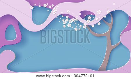 Stylized Tree With Flowers On Wave Background