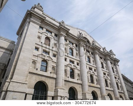 Milan, Italy - May 25, 2019: Mezzanotte Palace Facade In Milan Stock Exchange, Symbol And Heart Of I