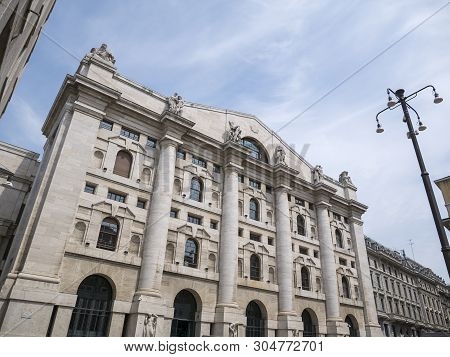 Milan, Italy - May 25, 2019: Mezzanotte Palace Facade In Milan Stock Exchange, Symbol And Heart Of I