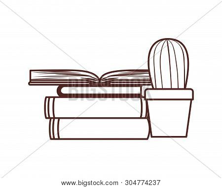Silhouette Of Stack Of Books With Houseplant Vector Illustration Design